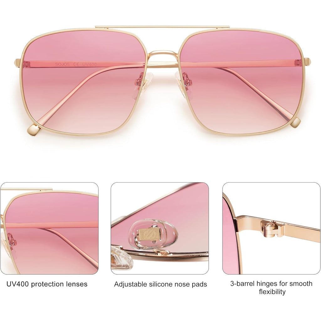 SOJOS Trendy Square Aviator Sunglasses for Women Men, Gold Frame Light Tint Gradient Shades SJ1176