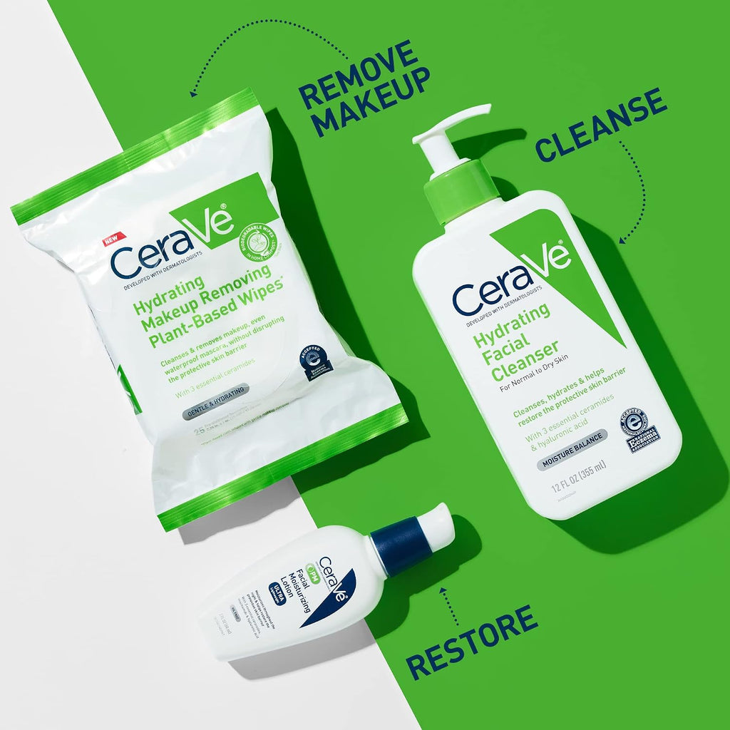Cerave Makeup Remover Wipes, Plant Based Face Wipes, Biodegradable In Compost, Waterless Face Wash, Travel Essentials For Women, Suitable For Sensitive Skin, Fragrance-Free + Non-Comedogenic, 25Ct