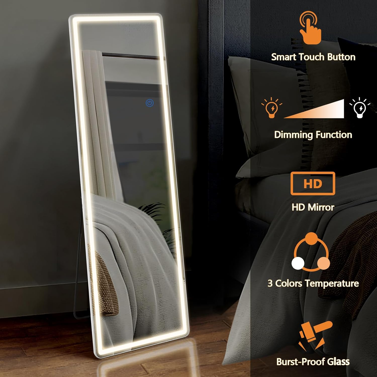 Sweetcrispy Full Length Mirror with LED Lights, 65"x21" Lighted Full Body Floor Mirror with Dimming & 3 Color Lighting, Stand for Bedroom, Dressing Room, White