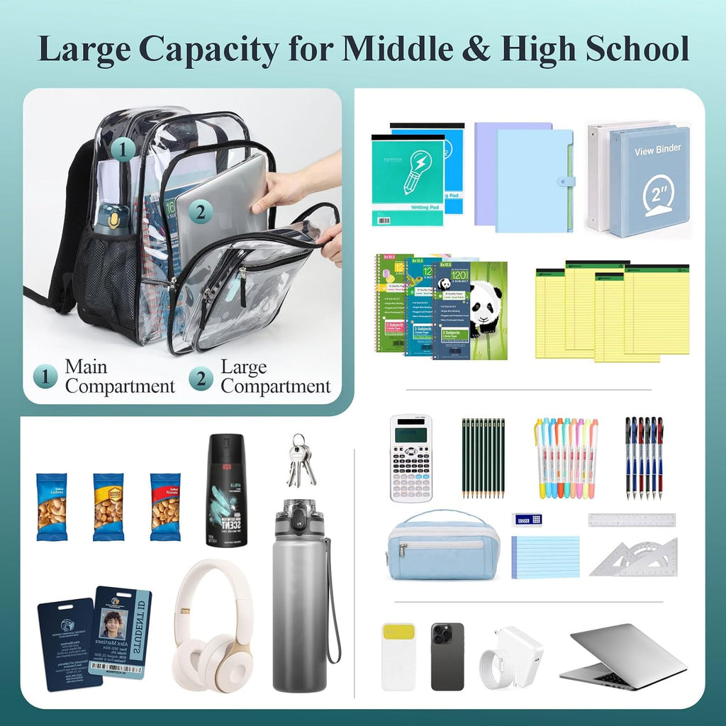 Clear Backpack For School - 18 Inch Extra Large Clear Bookbag Black | Heavy Duty 0.5Mm Pvc, 2 Large Compartments, Fit 16" Laptop, Reinforced 900D Oxford Base, Padded Straps And Back, Age 12+