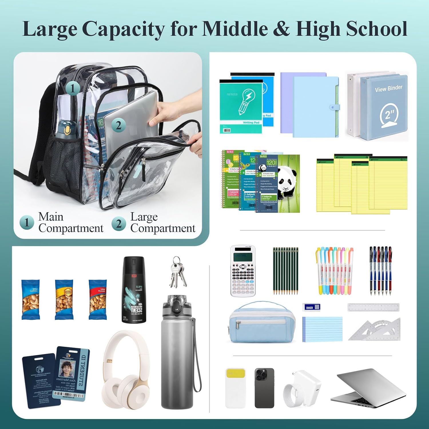 Clear Backpack For School - 18 Inch Extra Large Clear Bookbag Black | Heavy Duty 0.5Mm Pvc, 2 Large Compartments, Fit 16" Laptop, Reinforced 900D Oxford Base, Padded Straps And Back, Age 12+