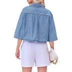 Tankaneo Womens Crop Denim Shirt Half Sleeve Button Down Short Jean Jacket With Pocket