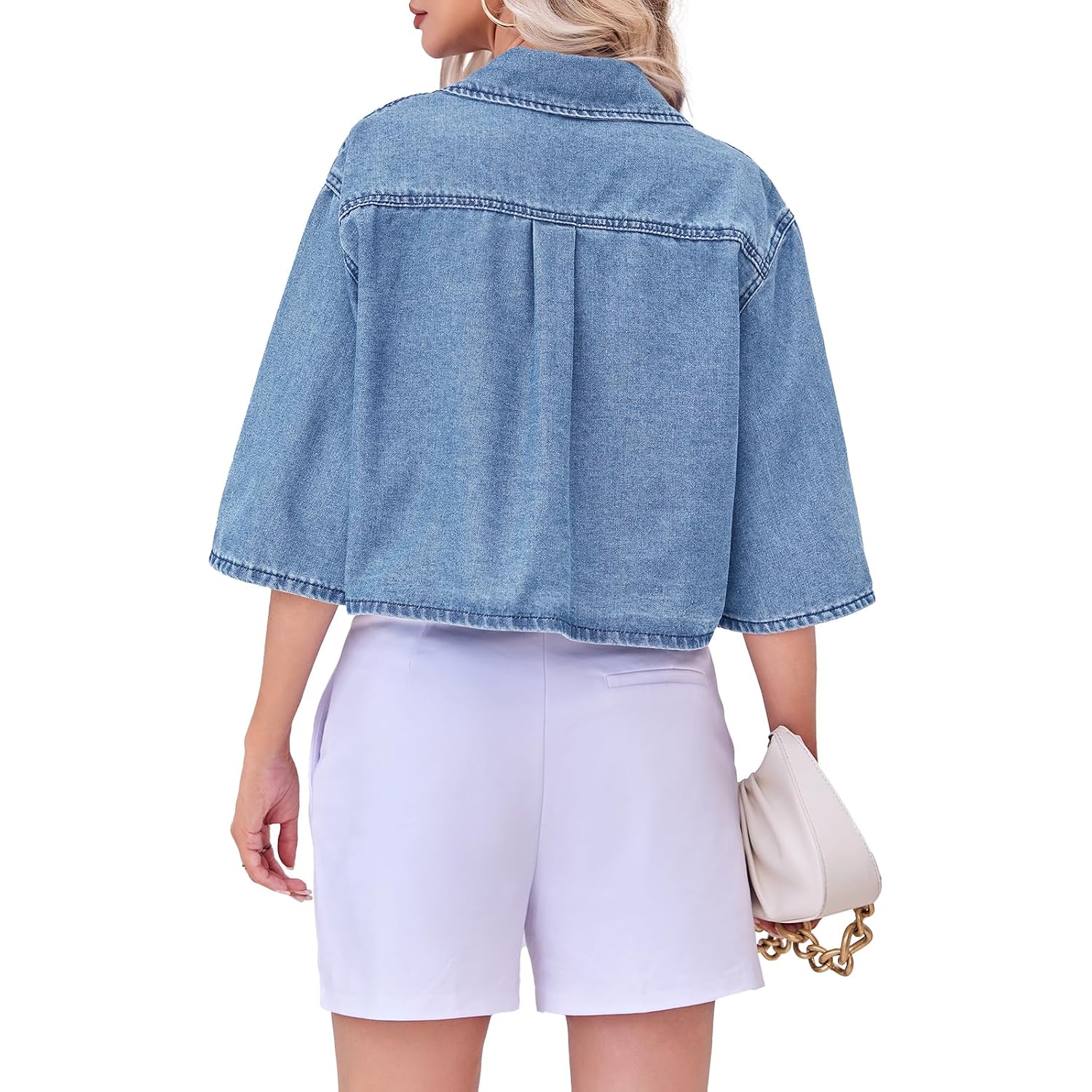 Tankaneo Womens Crop Denim Shirt Half Sleeve Button Down Short Jean Jacket With Pocket