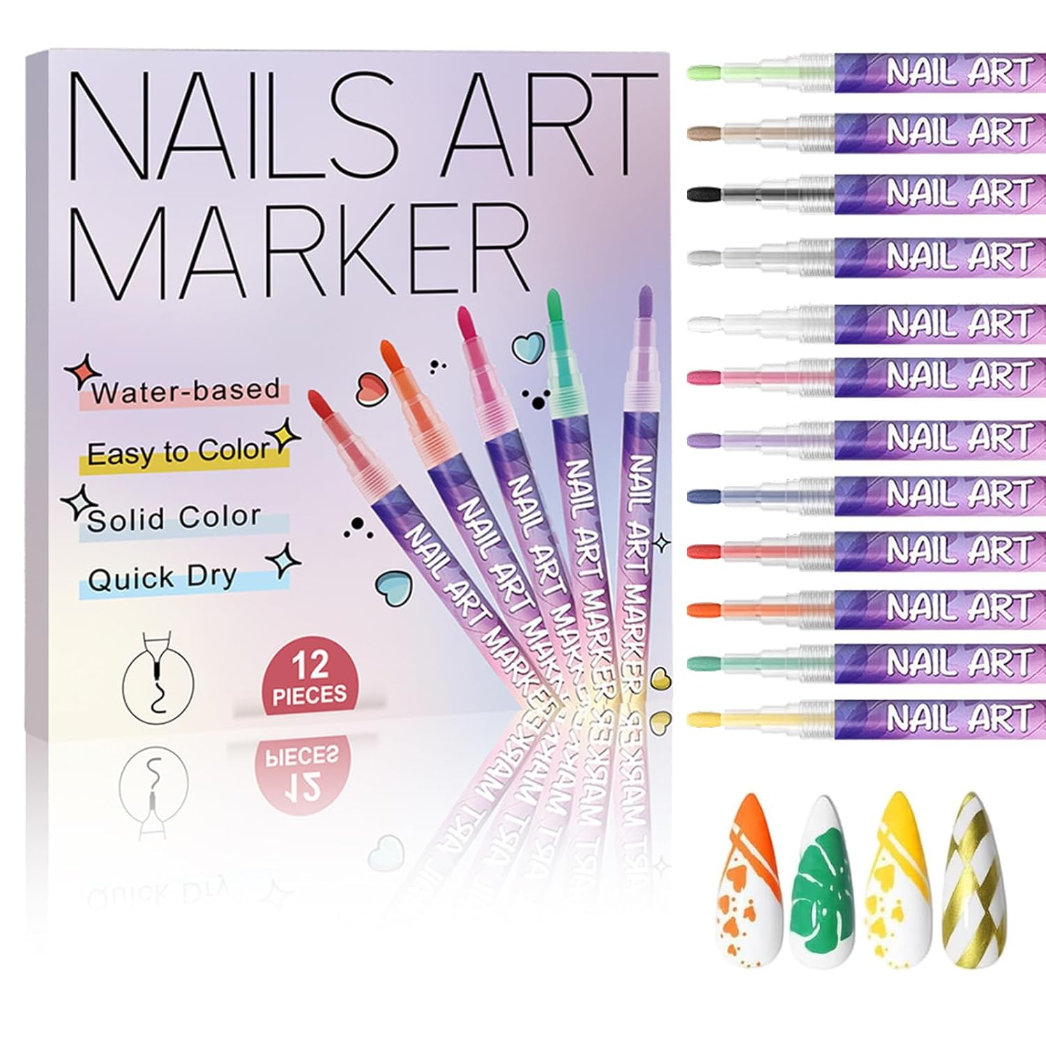 12 Colors Nail Art Pens Set, Nail Art Markers Polish Pen for 3D, Drawing Painting Liner Brush for DIY Beauty Adorn Manicure Tools