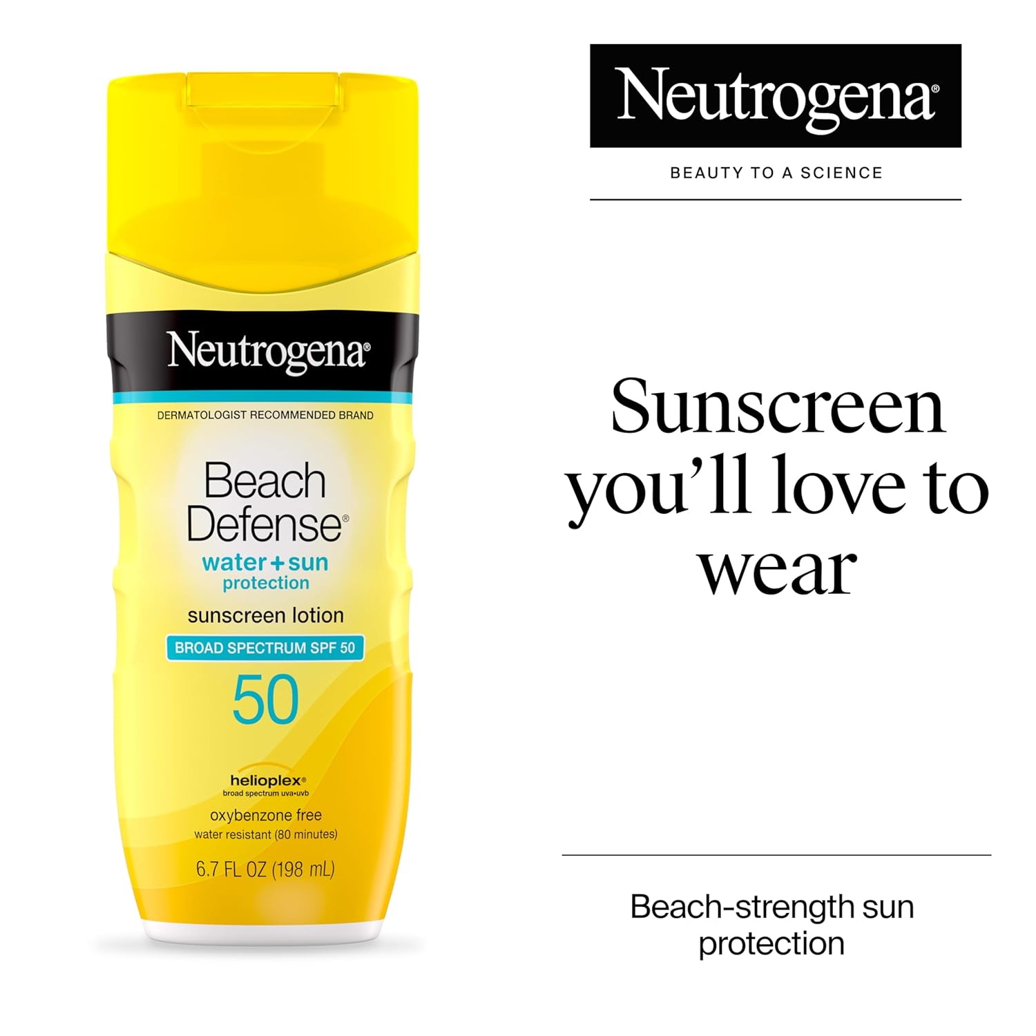 Neutrogena Sunscreen Lotion Beach Defense SPF 50, Face and Body Sunscreen, Hawaii Reef Act 104 Compliant, Octinoxate & Oxybenzone Free, Oil Free, Fast Absorbing Sun Care, 6.7 fl oz