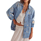 Women'S Vintage Oversized Denim Jacket Embroidered Graphic Casual Loose Fit Button Down Jean Jacket