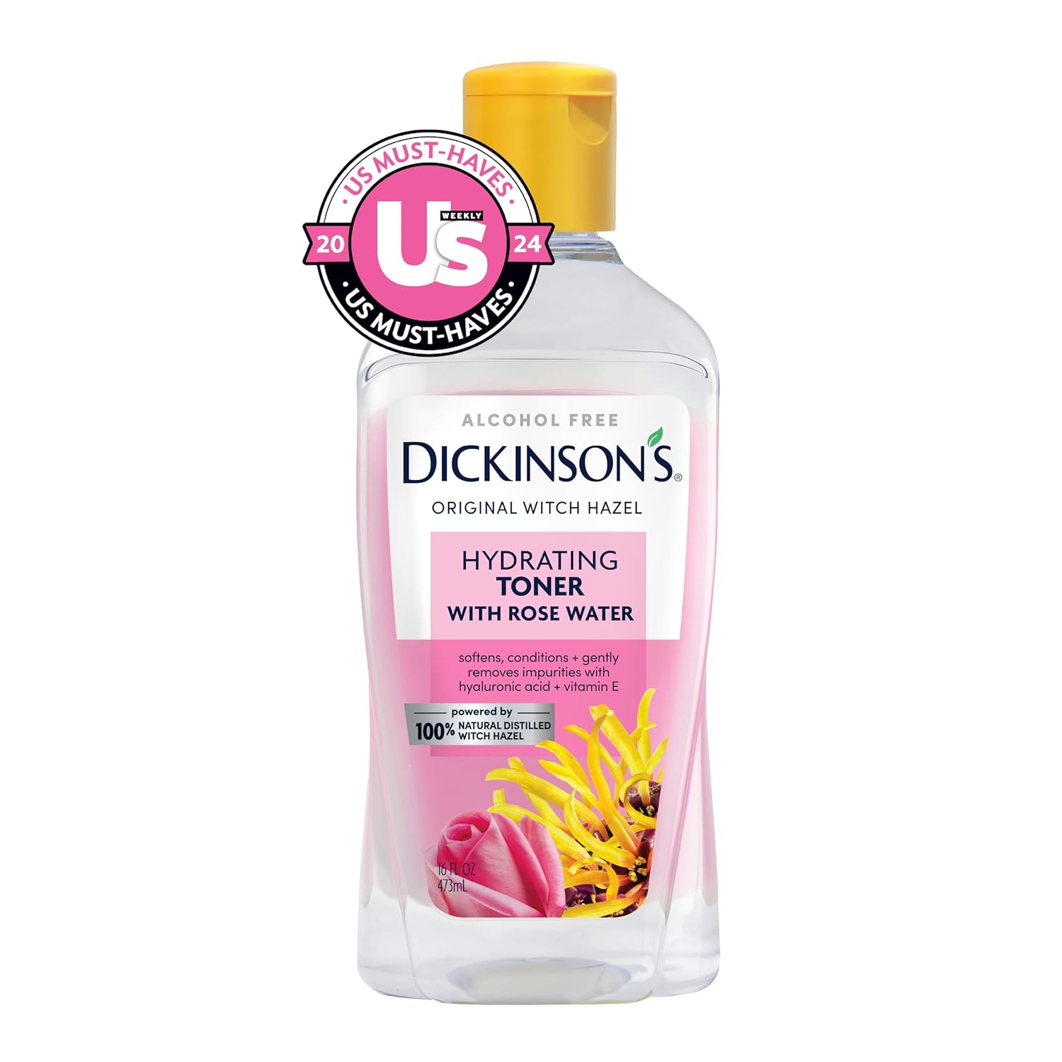 Dickinson's Enhanced Witch Hazel Hydrating Toner with Rosewater, Alcohol Free, 98% Natural Formula, 16 Fl Oz (Pack of 1)
