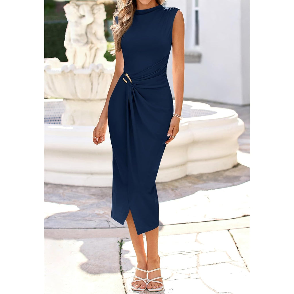 Dresses for Women 2026 Summer Clothes Formal Bodycon Mock Neck Cap Sleeve Midi Party Cocktail Wedding Guest Dress