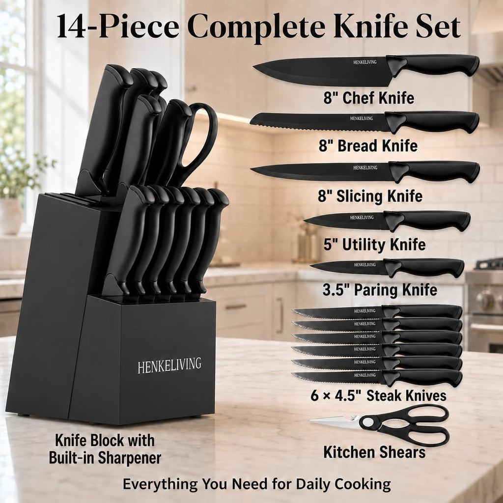 Knife Set, 14-Piece Black Dishwasher Safe Kitchen Knife Block Set with Built-In Sharpener, German High Carbon Stainless Steel Blades, Ultra Sharp Knives with Ergonomic Non-Slip Handles