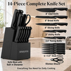 Knife Set, 14-Piece Black Dishwasher Safe Kitchen Knife Block Set with Built-In Sharpener, German High Carbon Stainless Steel Blades, Ultra Sharp Knives with Ergonomic Non-Slip Handles