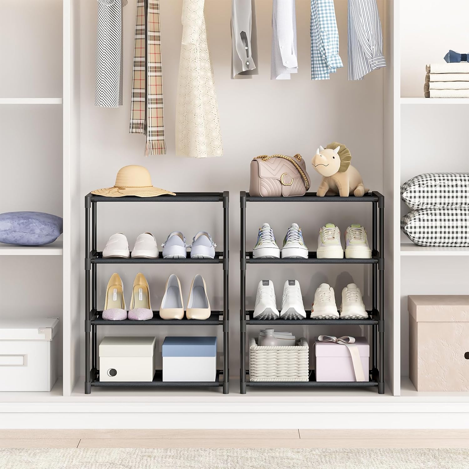4 Tier Extra Small Shoe Rack (16.3" Wide), Narrow Stackable Kids Toddler Adult Shoe Storage Organizer Shelf For Closet Floor Entryway Bedroom, Space Saver Shoe Rack Organization Shelves