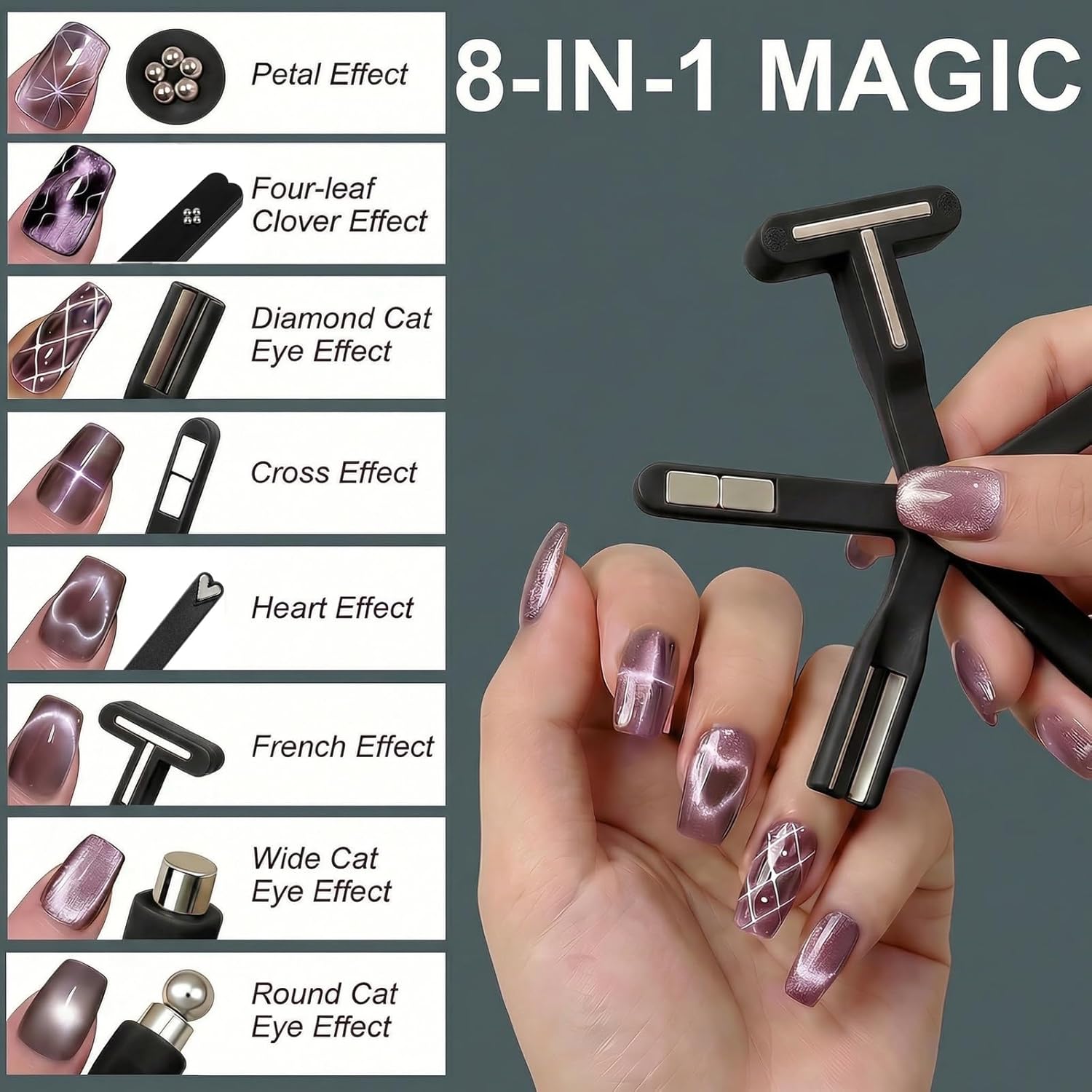 Plman 8 in 1 Cat Eye Magnet for Nail, Multifunctional Nail Magnets for Nail Art with Steel Ball, Magnet for Cat Eye Gel Polish for College Dormitories or Salon Home DIY (New 8 in 1 Set - Black)