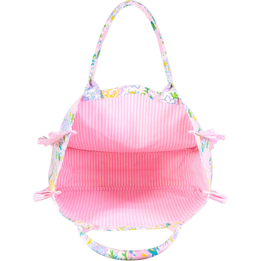 Lilly Pulitzer Ruffle Tote Bag, Cotton Canvas Shoulder Tote with Ruffle Detail, Flat Base, Durable Straps, Large Carryall for Travel & Everyday Use (Lilly Garden Home)