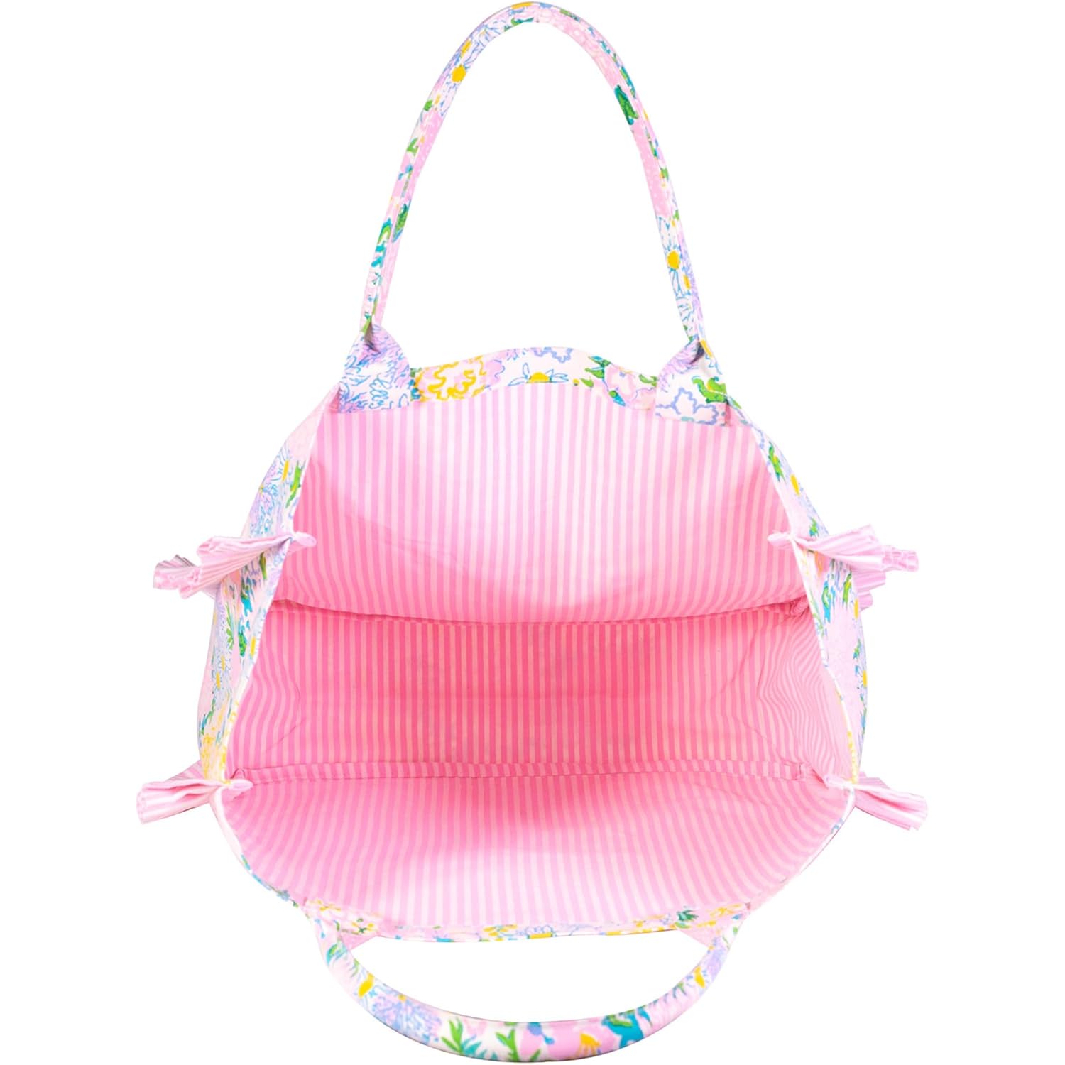 Lilly Pulitzer Ruffle Tote Bag, Cotton Canvas Shoulder Tote with Ruffle Detail, Flat Base, Durable Straps, Large Carryall for Travel & Everyday Use (Lilly Garden Home)