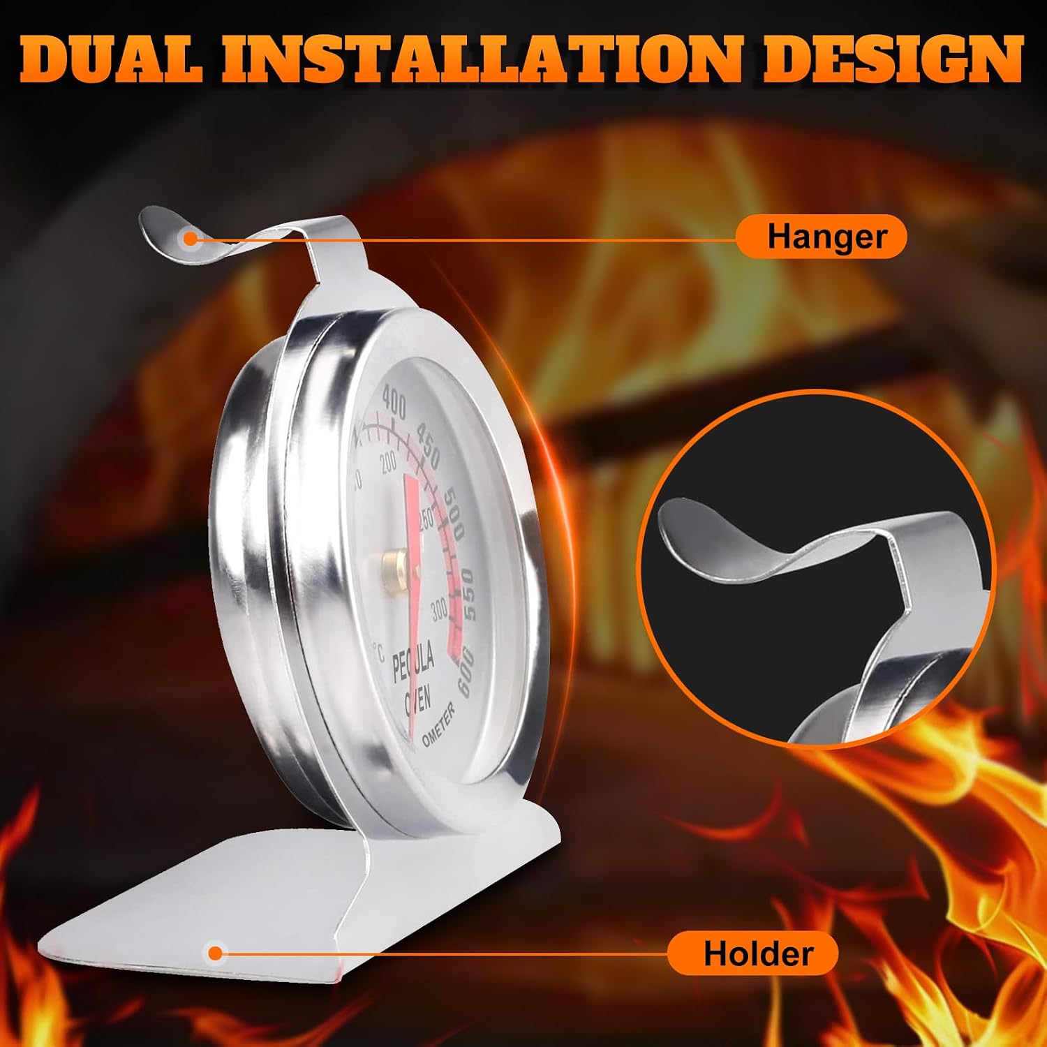 Stainless Steel Oven Thermometer 50-300°C/100-600°F, Analog Instant Read, Battery-Free Kitchen Cooking Thermometer, Hook & Stand Design Food Thermometer For Oven, Grill, Smoker, Fryer