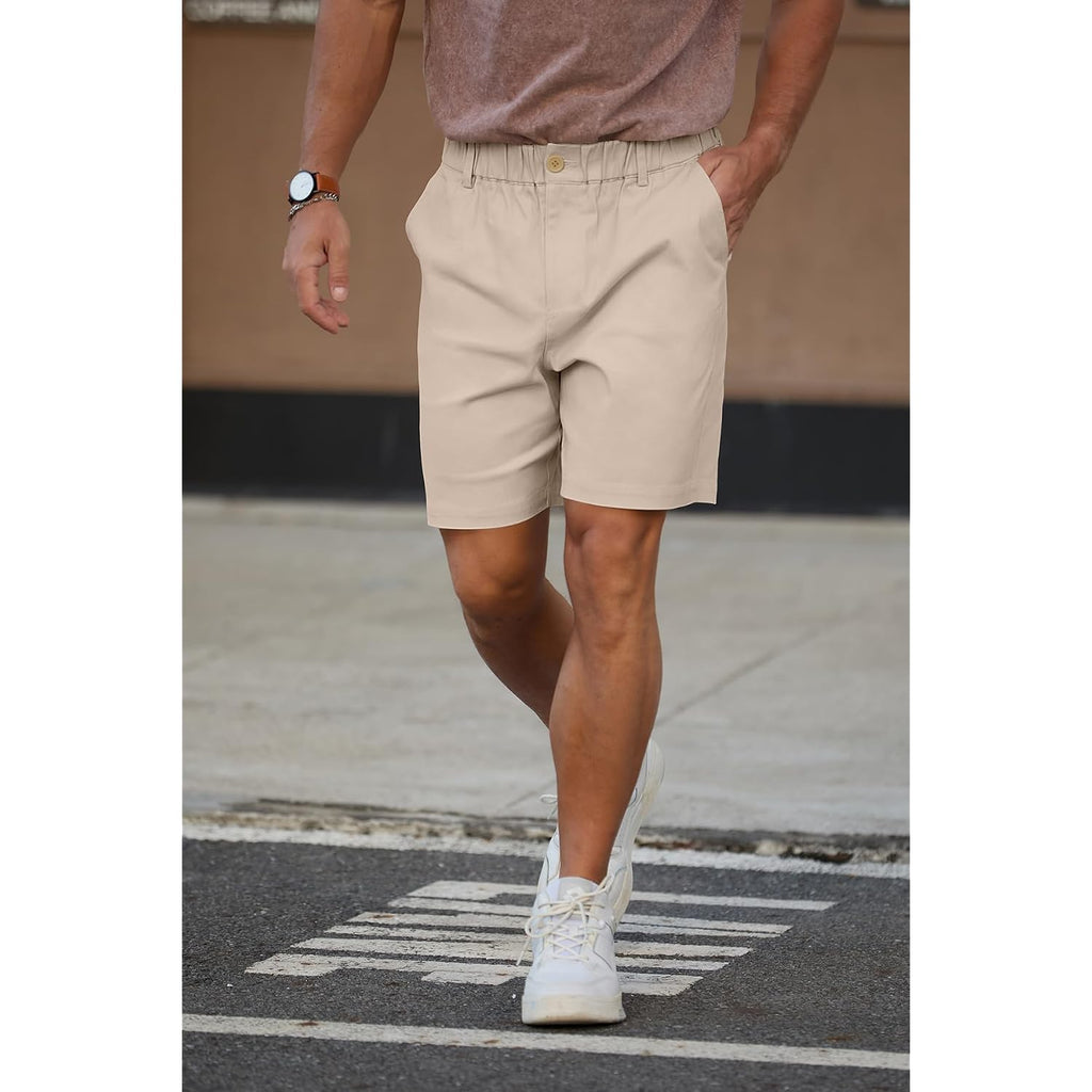 Rqp Men'S Cotton Casual Classic-Fit 7" Chino Shorts Elastic Waist Daily Wear Dress Baech Summer Shorts