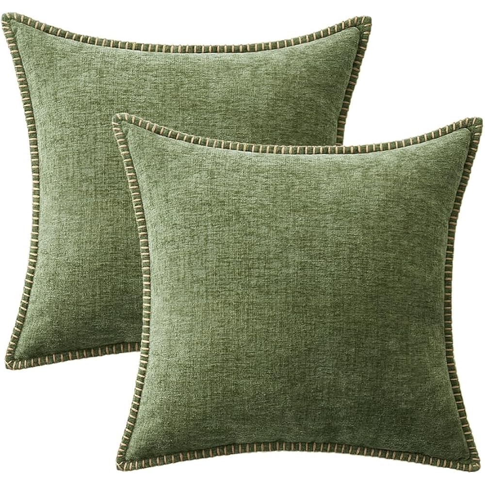 MIULEE Pack of 2 Couch Throw Pillow Covers 18x18 Inch Sage Green Farmhouse Decorative Pillow Covers with Stitched Edge Soft Chenille Solid Dyed Summer Pillow Covers for Sofa Bed Living Room