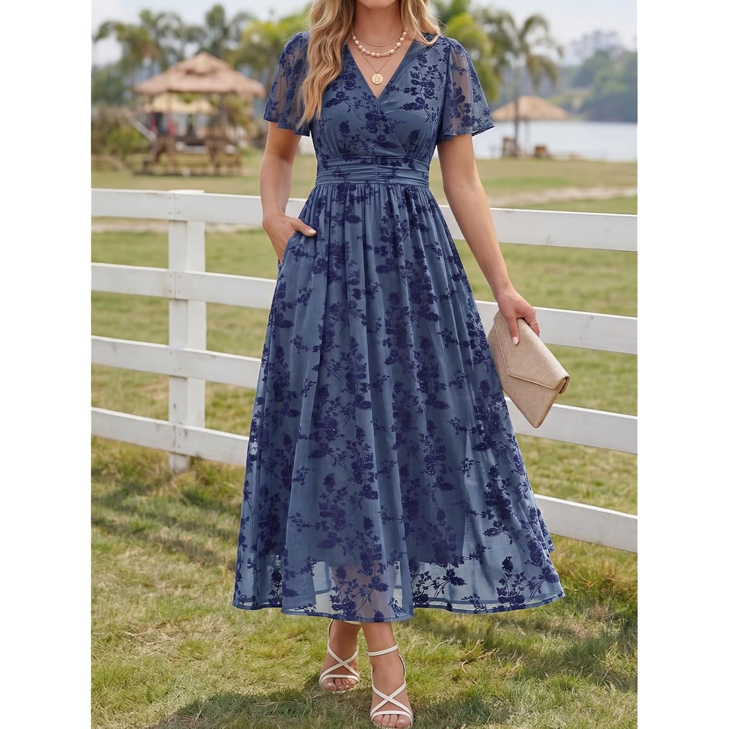 Lillusory Womens Summer Floral Maxi Dress Short Sleeve V Neck Wedding Guest Long Dresses With Pockets