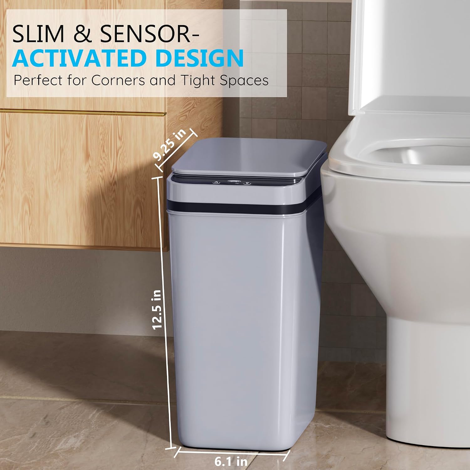 3Pack Bathroom Small Trash Can With Lid, 2.6 Gallon Touchless Automatic Garbage Can Slim Waterproof Motion Sensor Smart Trash Bin For Bedroom, Office, Living Room White/Black/Grey