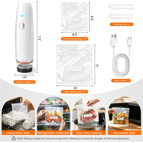 -80Kpa Compact Vacuum Sealer For Food (Vacuum Sealer Machine + 30 Reusable Bags), 1200Mah Rechargeable Handheld Vacuum Sealer Machine Portable Mini Food Sealer For Sous Vide & Meal Prep-Cold White