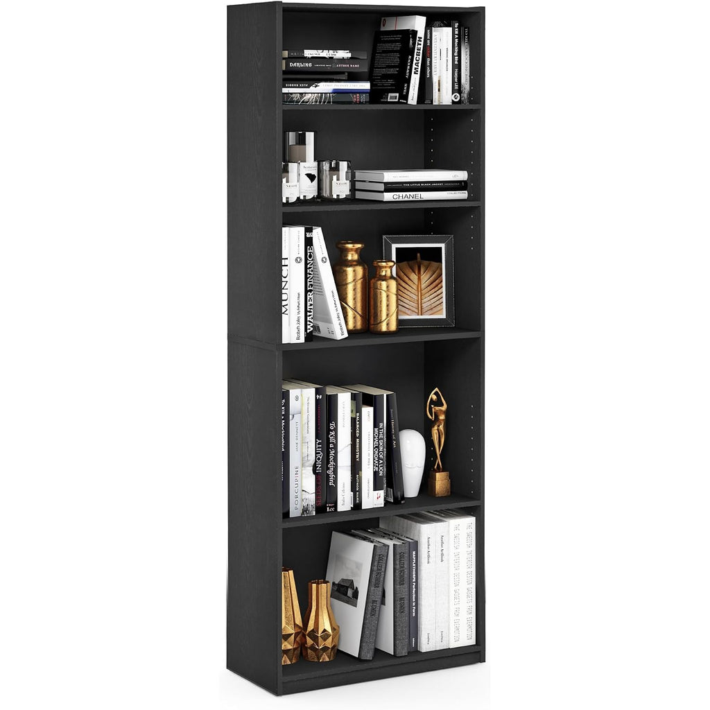 Furinno Jaya Book Shelf, 5-Tier Bookshelf, Bookcase With Adjustable Shelves, 9.5 X 24.5 X 71.2, For Organization And Storage, For Living Room, Bedroom, Home Office, Blackwood