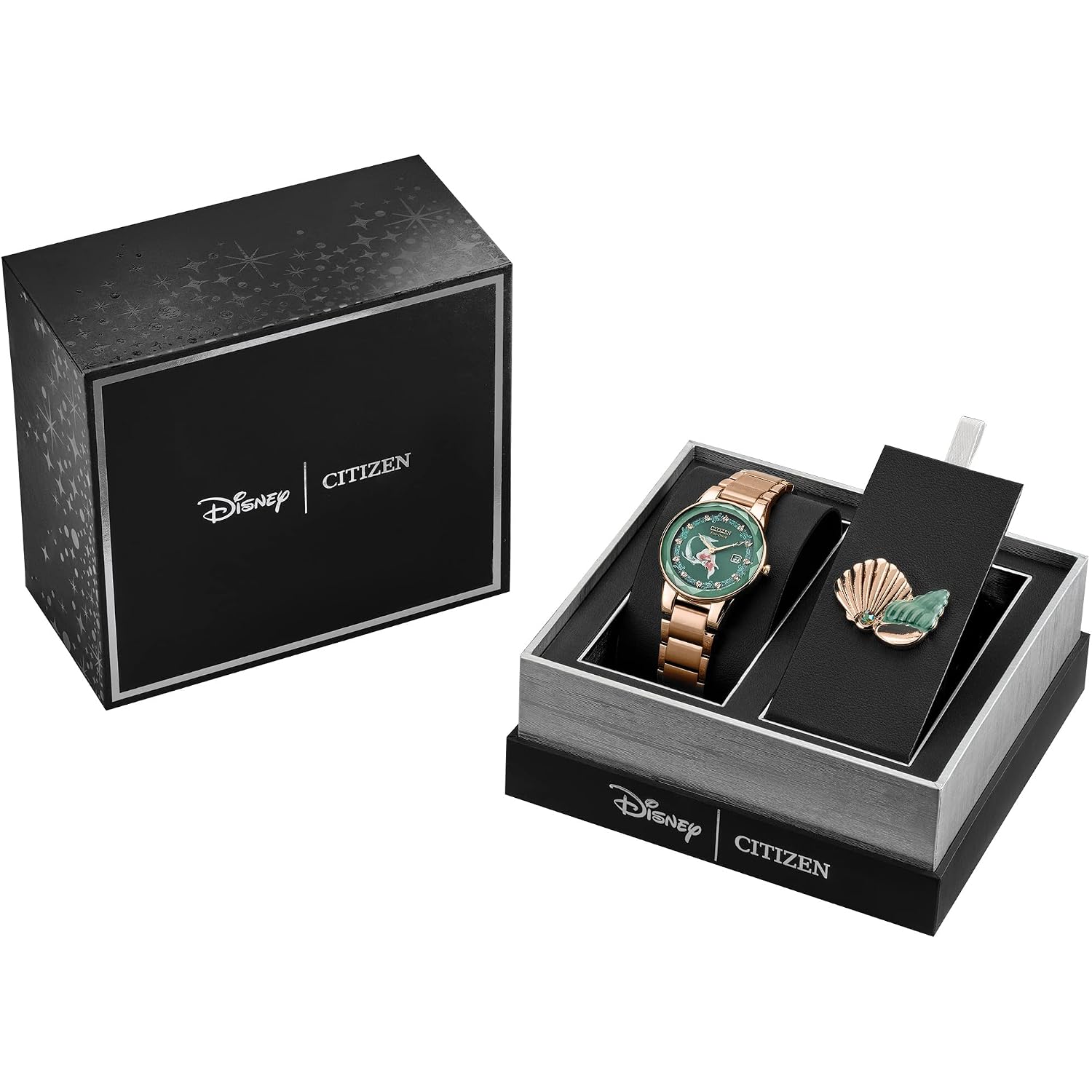 Citizen Eco-Drive Ladies' Special Edition Disney Princess Ariel Making Waves My Way Faceted Crystal Watch And Pin Gift Set, Gold Stainless Steel Watch, Green Dial, 30Mm (Model: Ga1073-63W)
