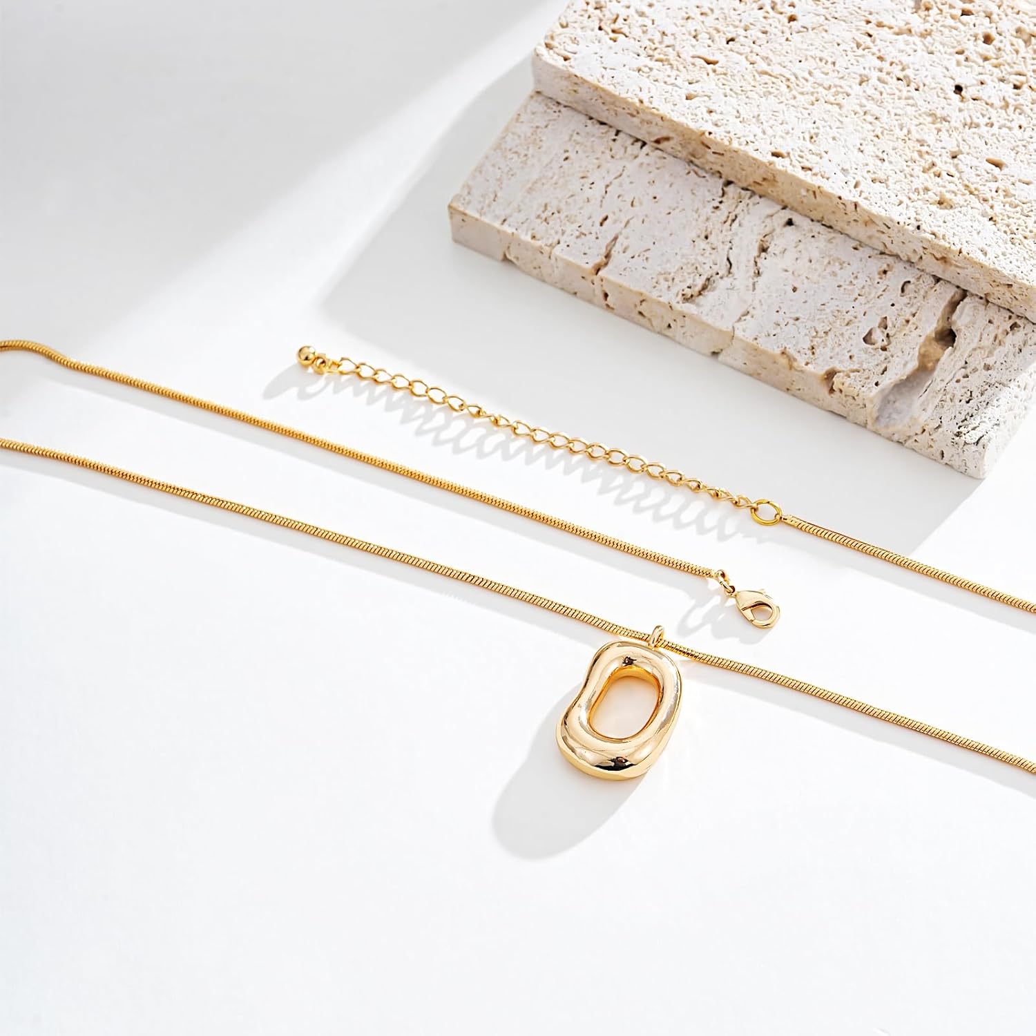 Gold Tone Irregular Oval Pendant Necklace for Women, Minimalist Chunky Snake Chain Necklace, Dainty 14K Gold Plated Statement Long Necklace
