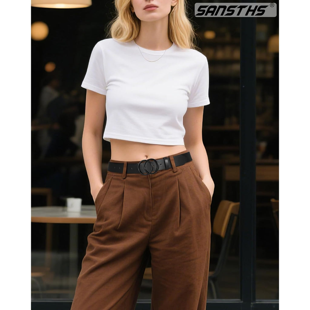 SANSTHS Womens Leather Belt for Jeans Pants Fashion Waist Belts Gold Silver Double Ring Buckle