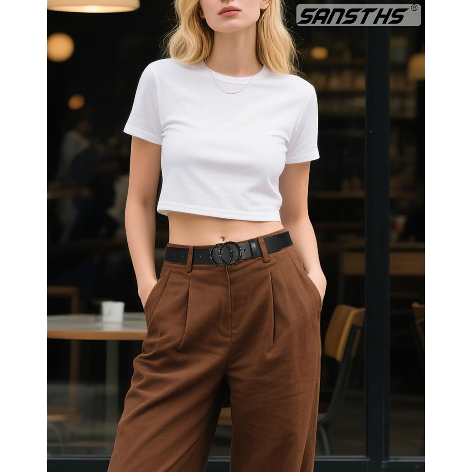 SANSTHS Womens Leather Belt for Jeans Pants Fashion Waist Belts Gold Silver Double Ring Buckle