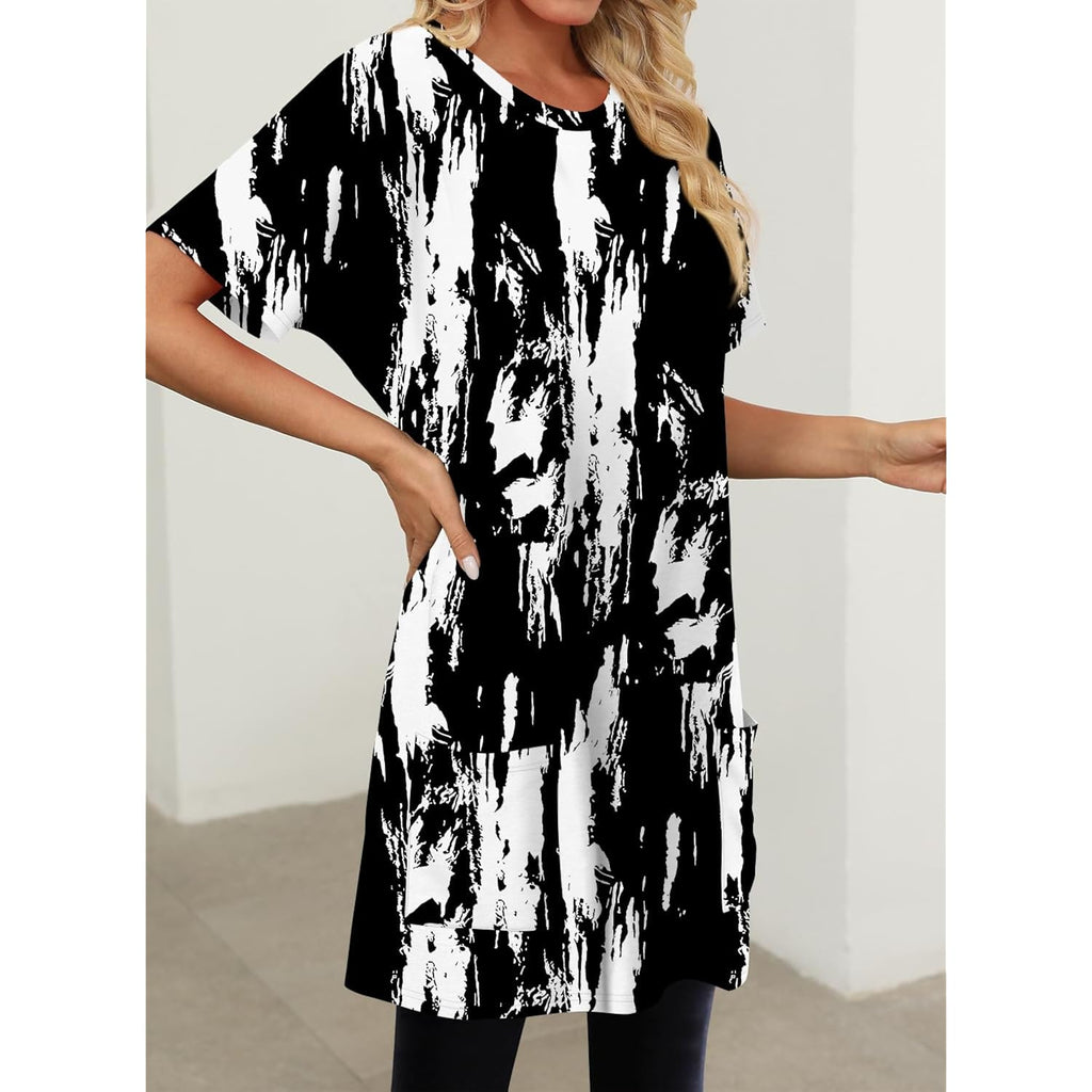 KISSMODA Womens Summer Tunic Tops for Leggings Casual Short Sleeve Long Shirts with Pockets