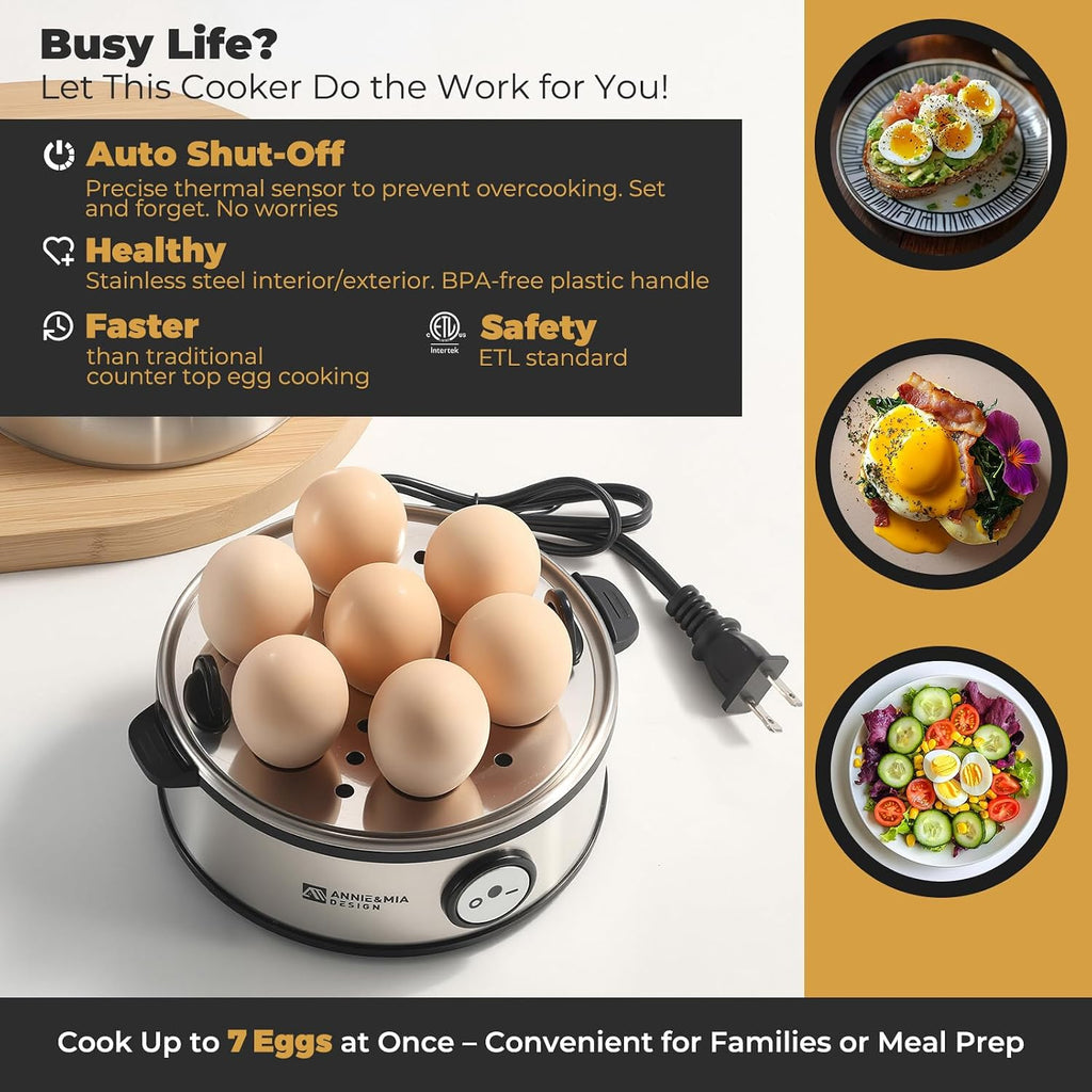 Annie & Mia Design Electric Egg Cooker, All Stainless Steel 7 Egg Capacity Egg Boiler, 360W, Hard, Medium, Soft Boiled Egg Poacher, Egg Steamer, Multi-Function, Auto Shut-Off Function, Bpa-Free