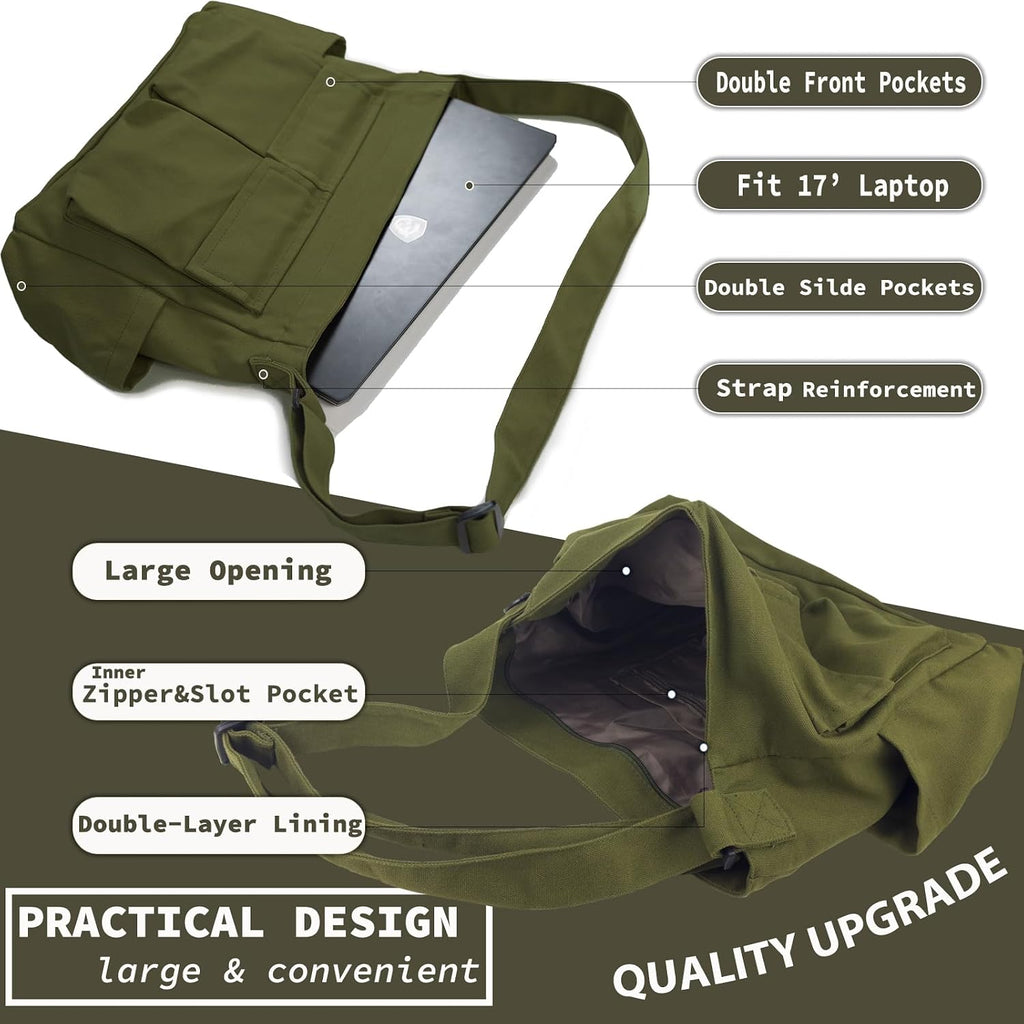 Canvas Messenger Bag Large Hobo Crossbody Bag With Multiple Pockets Casual Shoulder Tote Bag For Women And Men