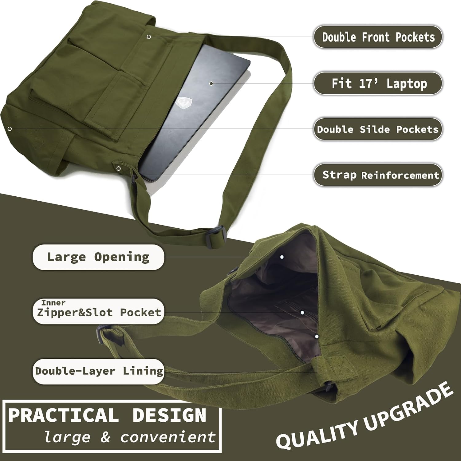 Canvas Messenger Bag Large Hobo Crossbody Bag With Multiple Pockets Casual Shoulder Tote Bag For Women And Men
