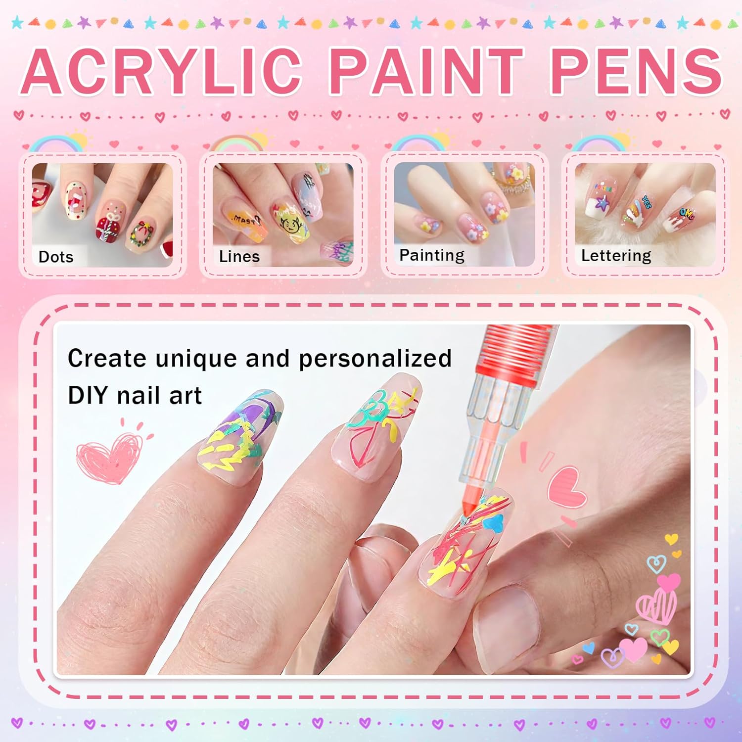 IONSGAKO 12 Colors Nail Art Pens Set, Nail Polish Pens for Nail Art Quick Drying 3D Acrylic Paint Markers for Painting Dotting Liner Pen Nail Salon DIY Design Kit 0.7mm