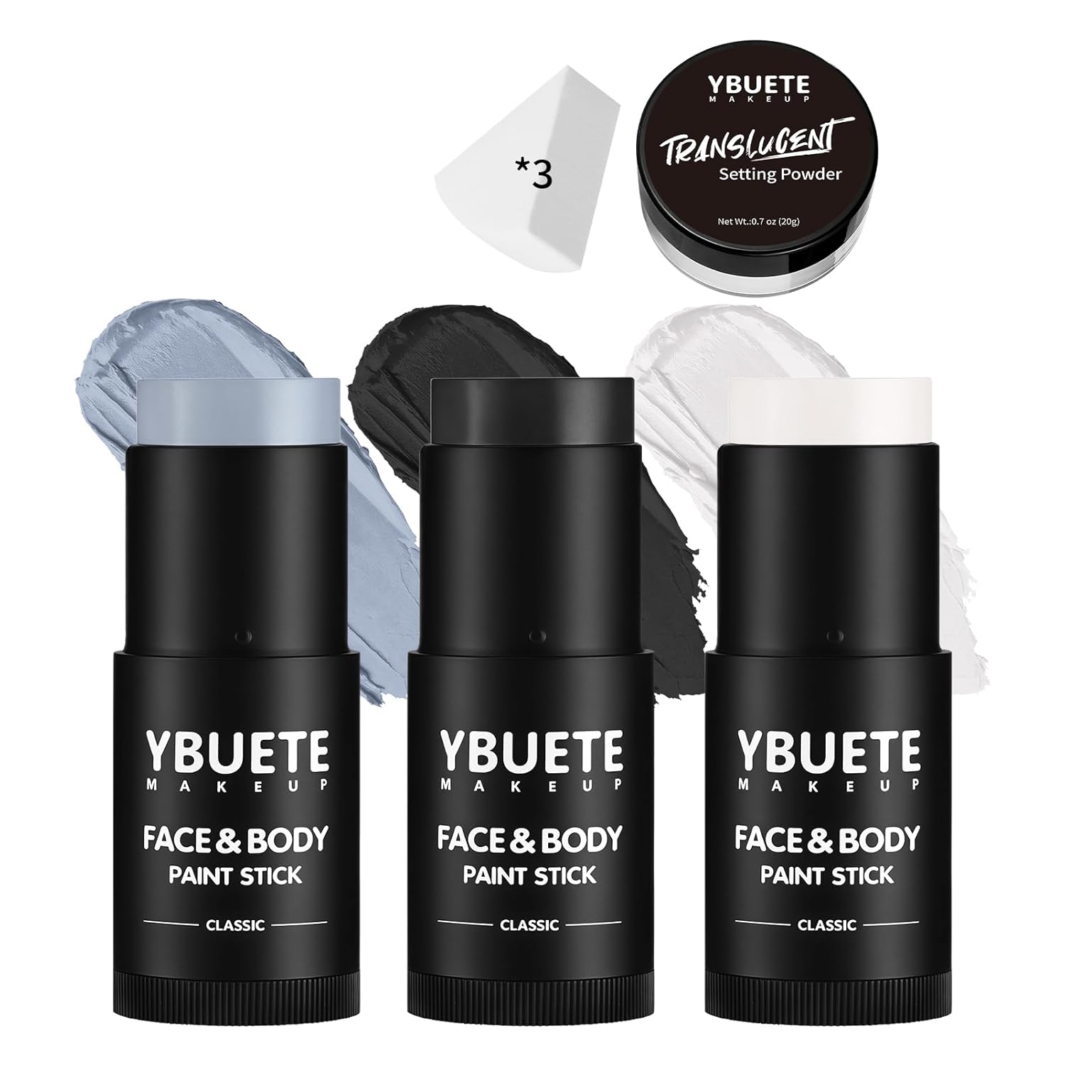 YBUETE Black White Grey Face Body Paint Stick Set with Translucent Setting Powder and 3 Sponges, Professional Full Coverage Face Painting for Adults Halloween Cosplay SFX Skeleton Monster Makeup