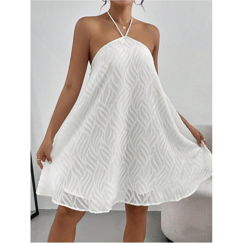 Makemechic Women'S Halter Dress Summer White Beach Mini Backless Flowy Short Dress