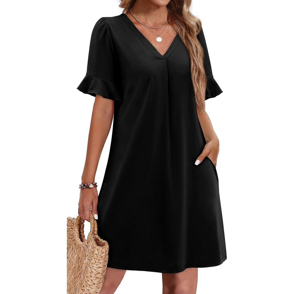 Ofeefan Summer Dresses For Women Ruffle Short Sleeve V Neck Casual Shift Dress With Pockets