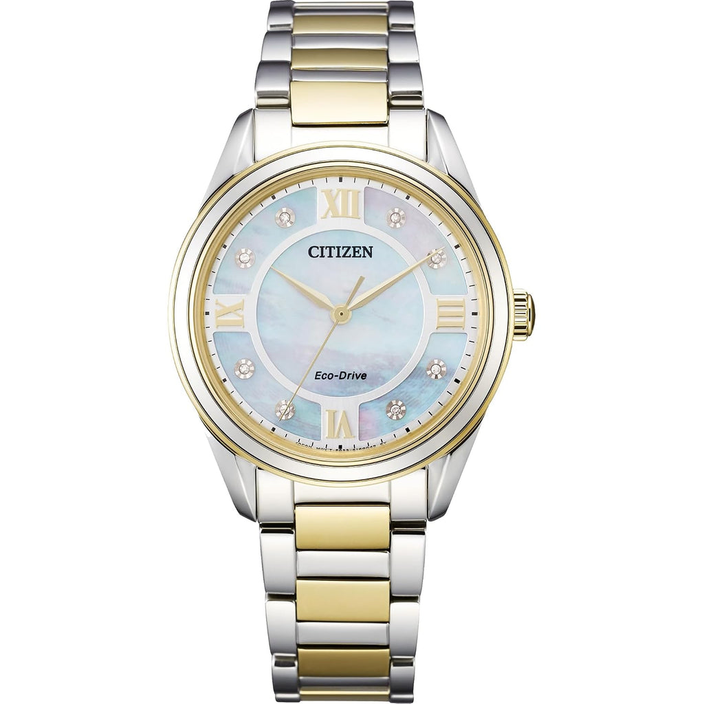 Citizen Women'S Eco-Drive Dress Classic Arezzo Diamond Two-Tone Stainless Steel Watch, White Dial (Model: Em0874-57D)