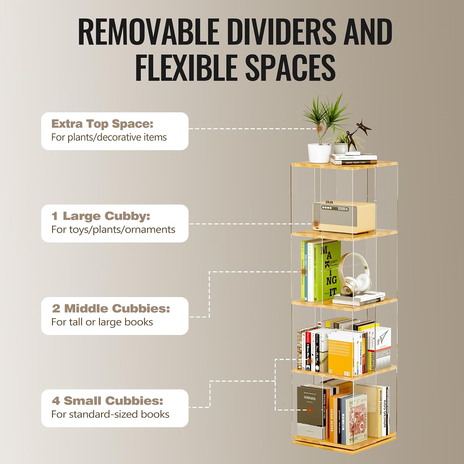 Rotating Bookshelf, 360 Degree Revolving Bookcase, 4-Tier Spinning Bookshelf, Clear Acrylic & Solid Wood Rotating Bookcase For Kid’S Playroom, Bedroom And Living Room, Square