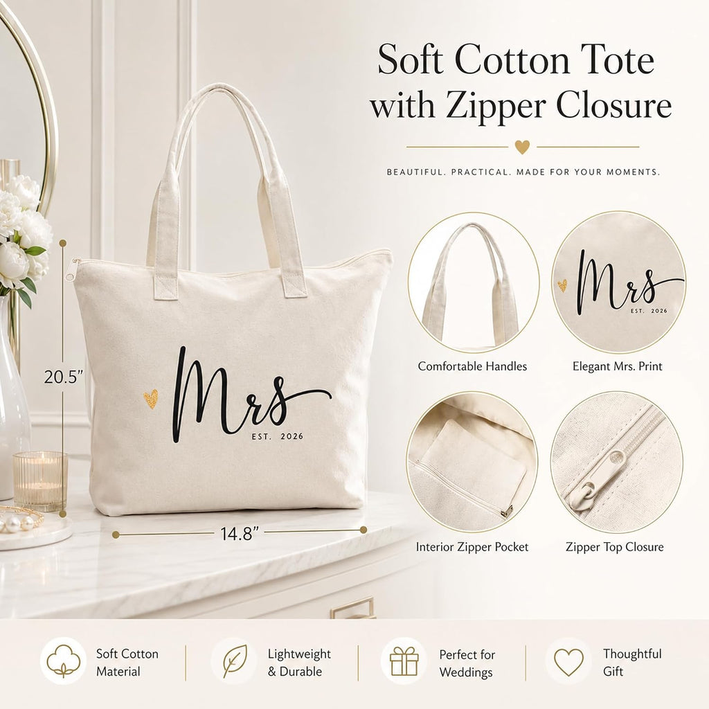 Bridal Shower Gifts, Mrs Tote Bag For Bride 2026 – Large Cotton Canvas Wedding Tote With Top Zipper & Inner Pocket, Mrs Gifts For Bachelorette Party, Getting Ready, Honeymoon Beach Bag