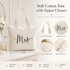 Bridal Shower Gifts, Mrs Tote Bag For Bride 2026 – Large Cotton Canvas Wedding Tote With Top Zipper & Inner Pocket, Mrs Gifts For Bachelorette Party, Getting Ready, Honeymoon Beach Bag