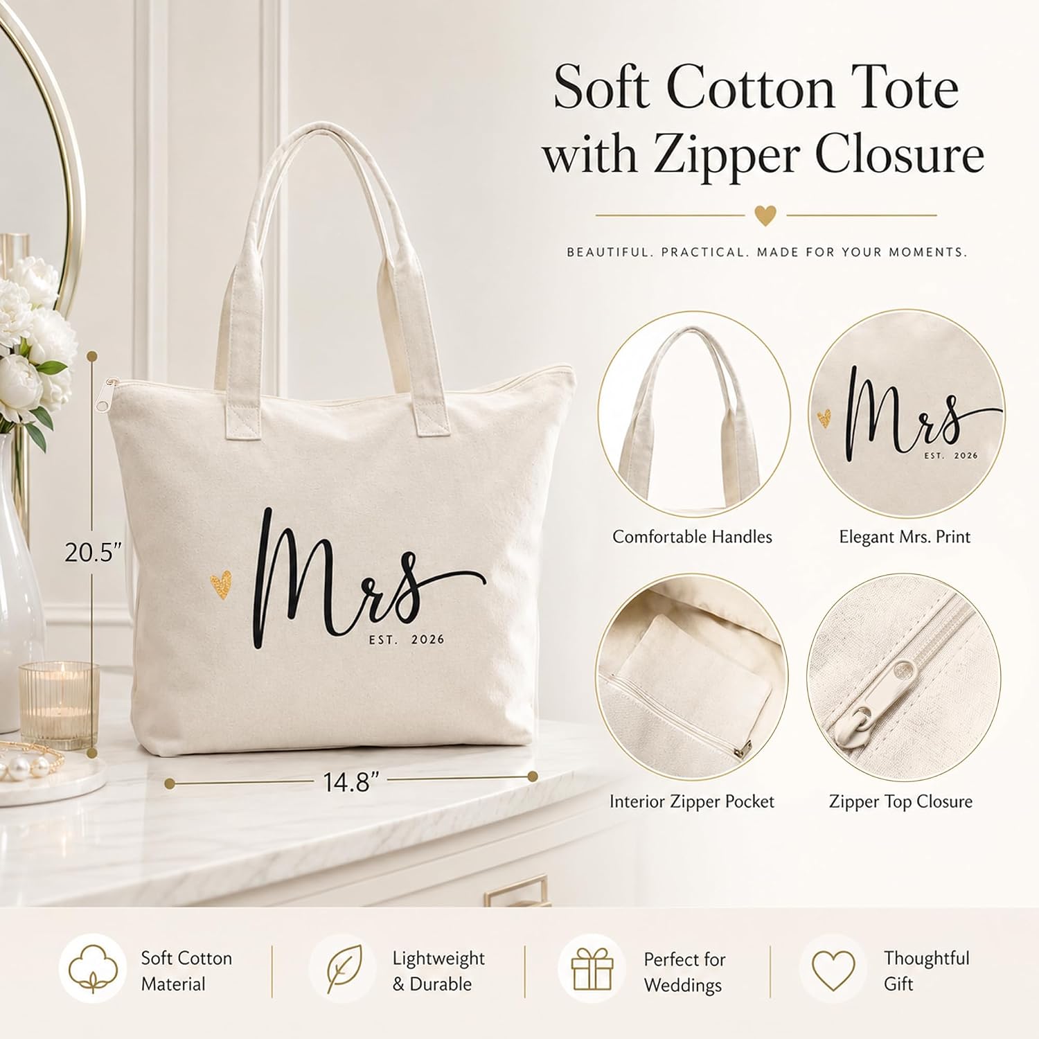 Bridal Shower Gifts, Mrs Tote Bag For Bride 2026 – Large Cotton Canvas Wedding Tote With Top Zipper & Inner Pocket, Mrs Gifts For Bachelorette Party, Getting Ready, Honeymoon Beach Bag
