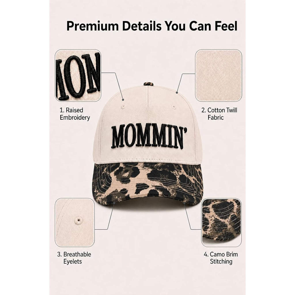 Mommin Trucker Hat for Women, Adjustable Embroidered Mom Baseball Cap -Christmas Mothers Day Birthday Gifts for Mom & Wife Mommin Leopard-01