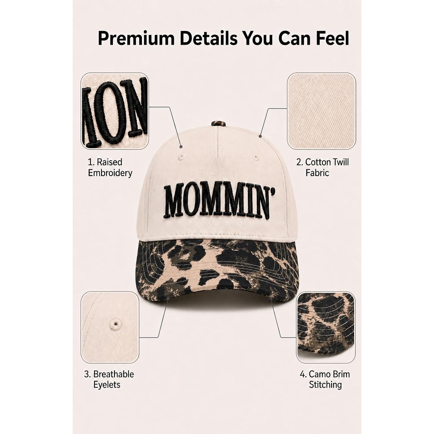 Mommin Trucker Hat for Women, Adjustable Embroidered Mom Baseball Cap -Christmas Mothers Day Birthday Gifts for Mom & Wife Mommin Leopard-01