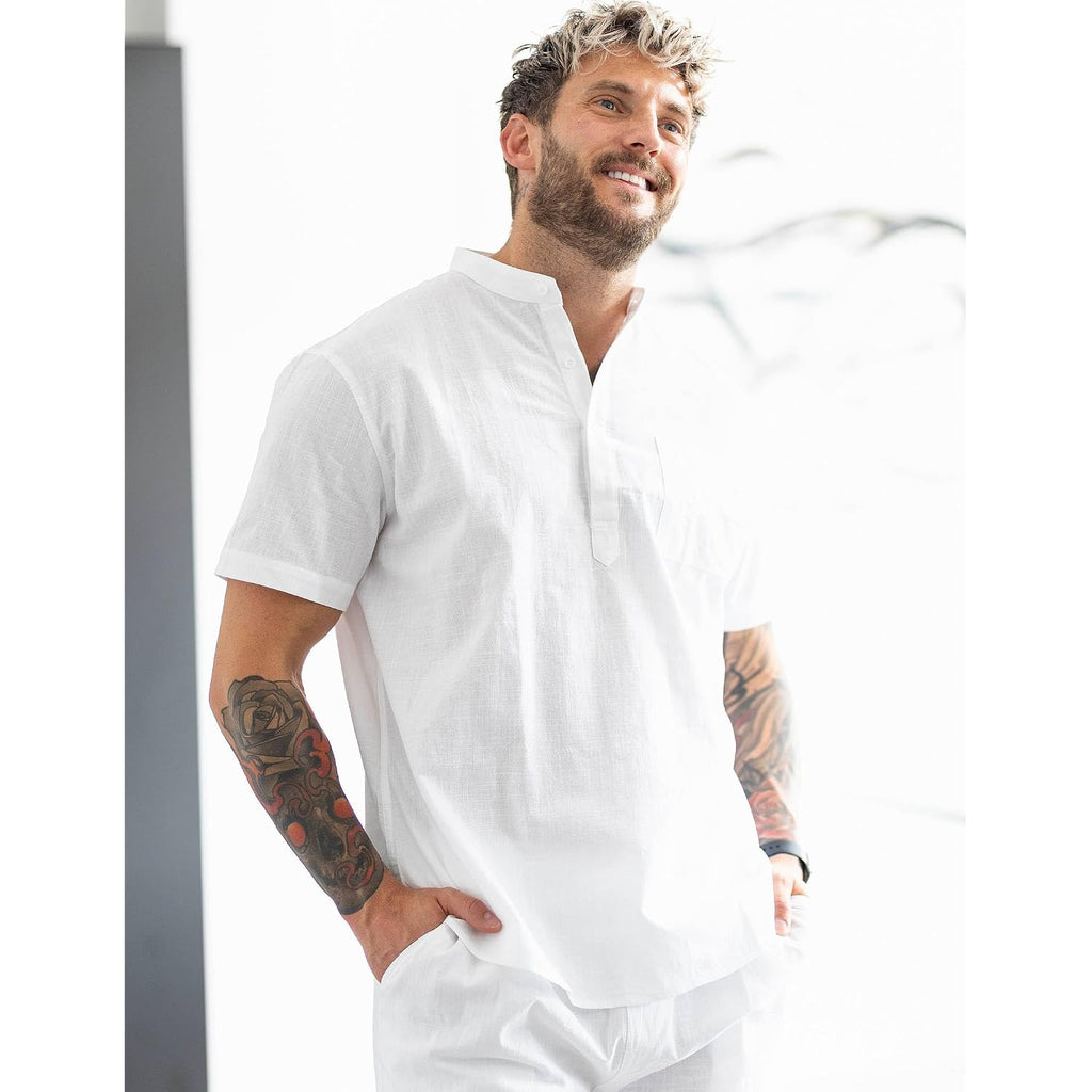 Coofandy Men'S Cotton Linen Henley Shirt Short Sleeve Hippie Casual Beach T-Shirts With Pocket