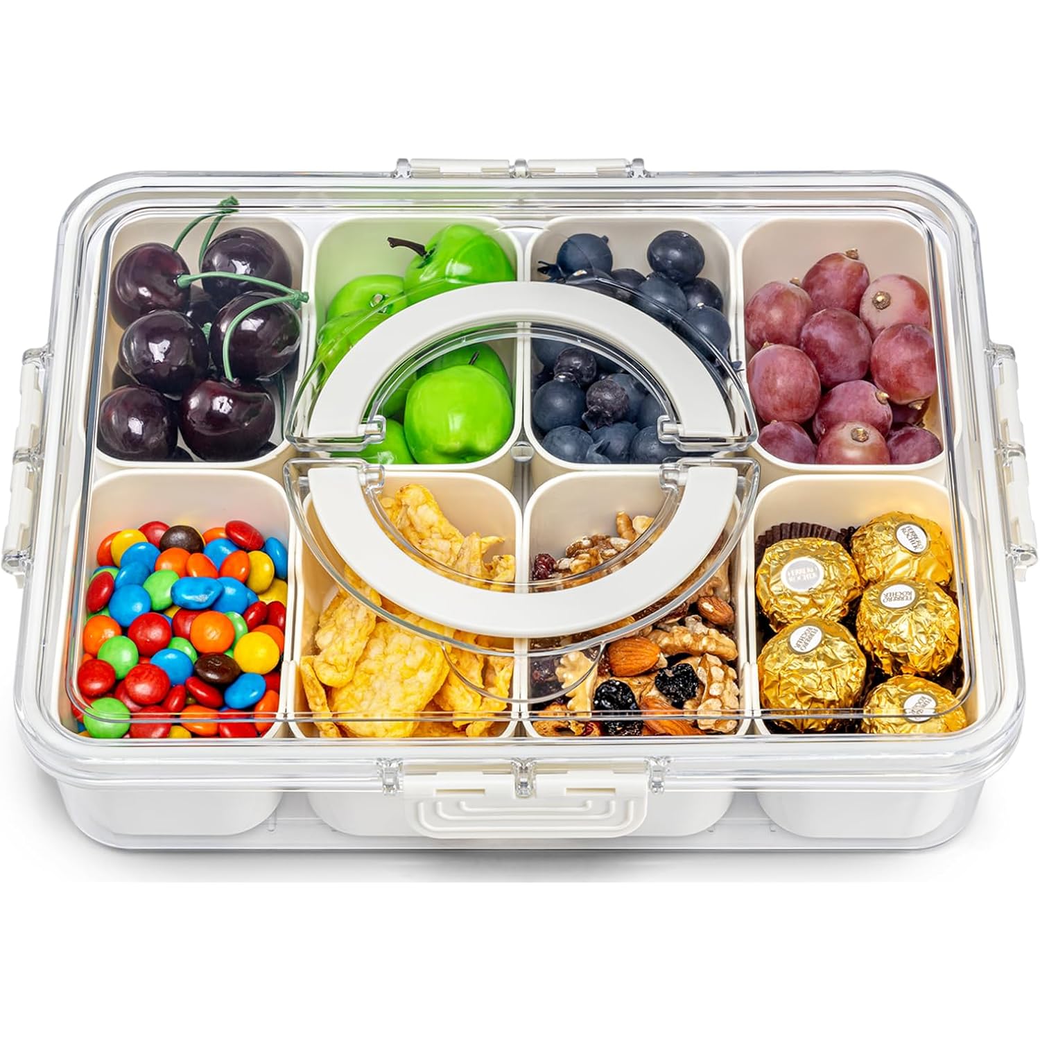 Pure Future Air-Tight Snackle Box Container –Divided Serving Tray With Lid & Handle–Clear Snack Box For Fruits, Candy & Nuts–Portable For Travel & Daily Use (8 Inside Containers Dishwasher Safe)