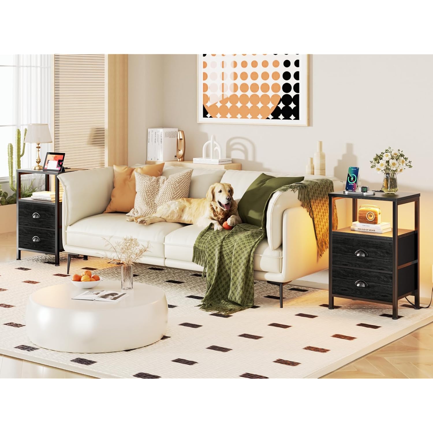 Furologee Nightstands Set Of 2, End Tables With Charging Station And Led Lights, Black Night Stands With 2 Fabric Drawers, Bedside Tables Set Of 2 For Living Room/Bedroom,Black Oak
