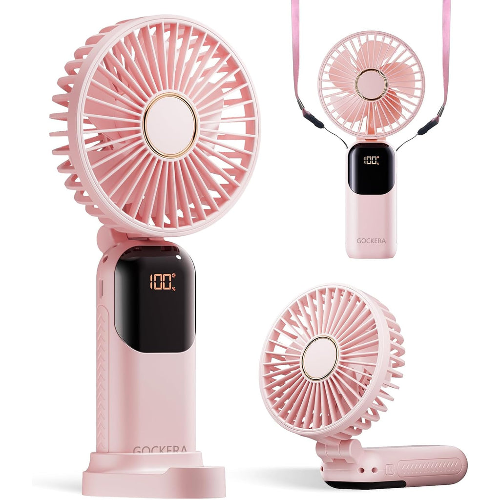 Gockera Portable Fan, 4200Mah Battery Operated Fan, 5 Speeds&Digital Display, Makeup Fans For Women With Base, 180°Foldable 3In1 Handheld/Neck/Desk Fan For Outdoor Indoor,Ultra Quiet (Pink)