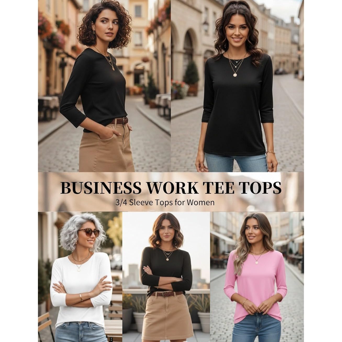 Zeagoo Women Tops 3 Pack 3/4 Sleeve Crewneck Cute Basics Tees Casual Fashion Summer Spring T Shirts Business Work Tee Top