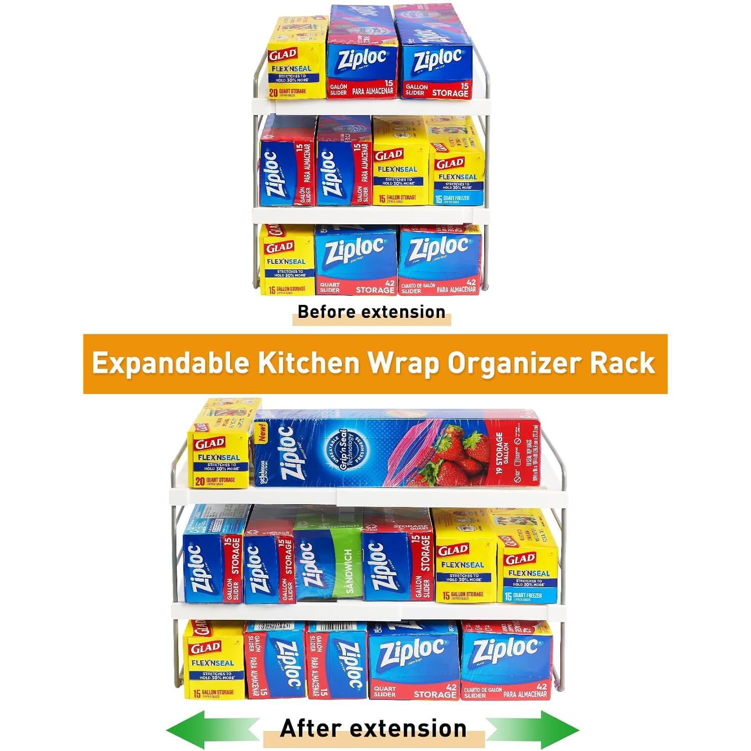 Jupeli Foil And Plastic Wrap Organizer, Expandable Kitchen Pantry Storage, Height Adjustable Cabinet Rack For Kitchen Organization, Aluminum Foil -3 Tier 9.8" To 15.6"L